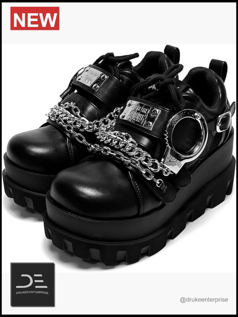 Goth Platform Chunky Ankle Boots with Metal Chains and Handcuff Decor